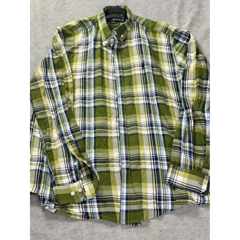 Polo Ralph Lauren Mens XXL Custom Fit Plaid Button Down Shirt Green Blue White